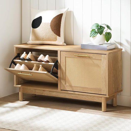 HOOBRO Shoe Storage Bench, Rattan Entryway Bench with 2 Flip Drawers, 39.4'' Hidden Shoe Cabinet with Adjustable Shelves, Comfort Seat Holds 300lb, Large Capacity Fits 8-12 Pairs, Natural NL51HX01