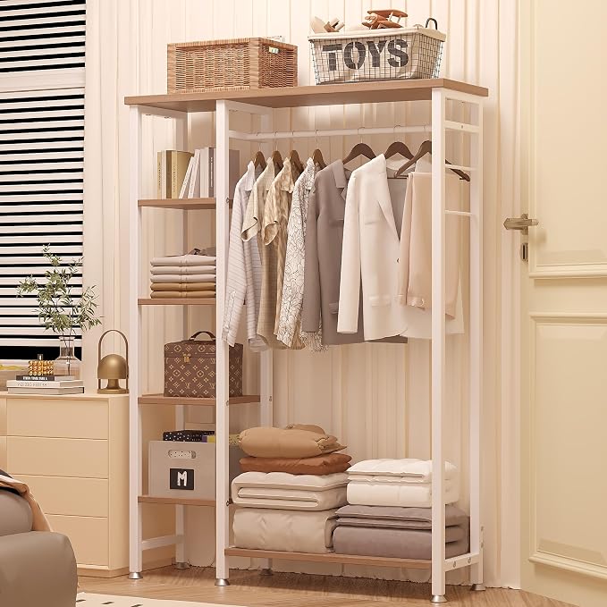 VECELO Open Garment Clothing Rack, Free-Standing Heavy Duty Storage Closet with 5 Shelves and Hanging Rod for Small Spaces, Max Load 350LBS, White Oak