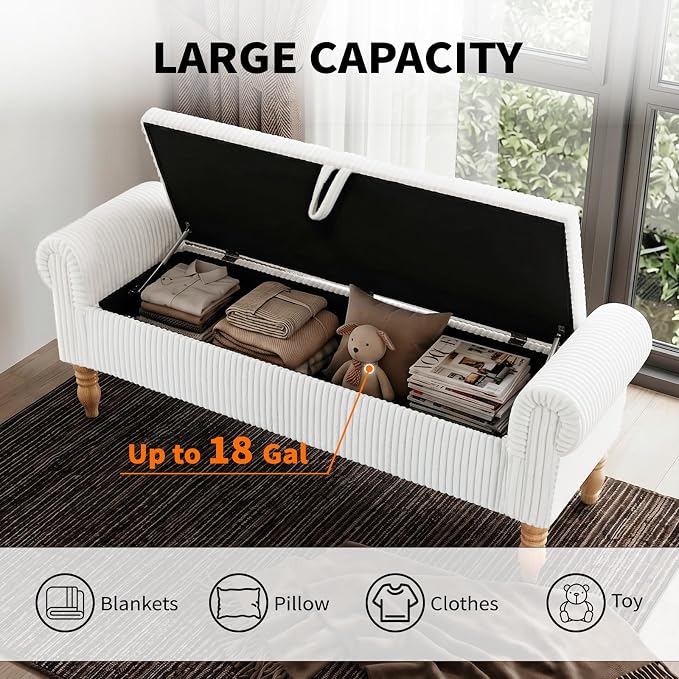 60" Corduroy Storage Bench, Queen End of Bed, White | Corduroy Upholstered, Bedroom/Entryway/Closet, Storage Ottoman Bench, Window Seat, Lift-Top, Tufted Button, Solid Wood Legs.