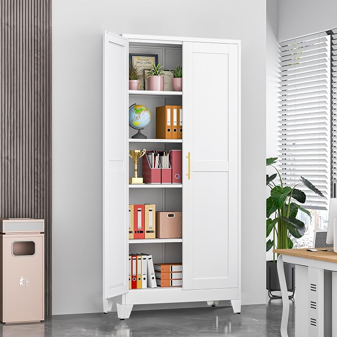 GAIOUS 71" Tall Metal Storage Cabinet with 2 Doors and 4 Adjustable Shelves, Kitchen Pantry Cabinet White Freestanding Cupboard, 5 Tier Multifunctional Steel Storage for Office, Kitchen, Dining Room
