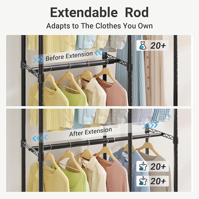 VIPEK V50 Basic Expandable Clothes Rack, Heavy Duty Closet System, Black | 1300 Lb Capacity, 10 Shelves, 4 Hanging Rods, Open Closet, L-Shape/Straight, Heavy-Duty Steel, for Bedroom/Reach-In Closet