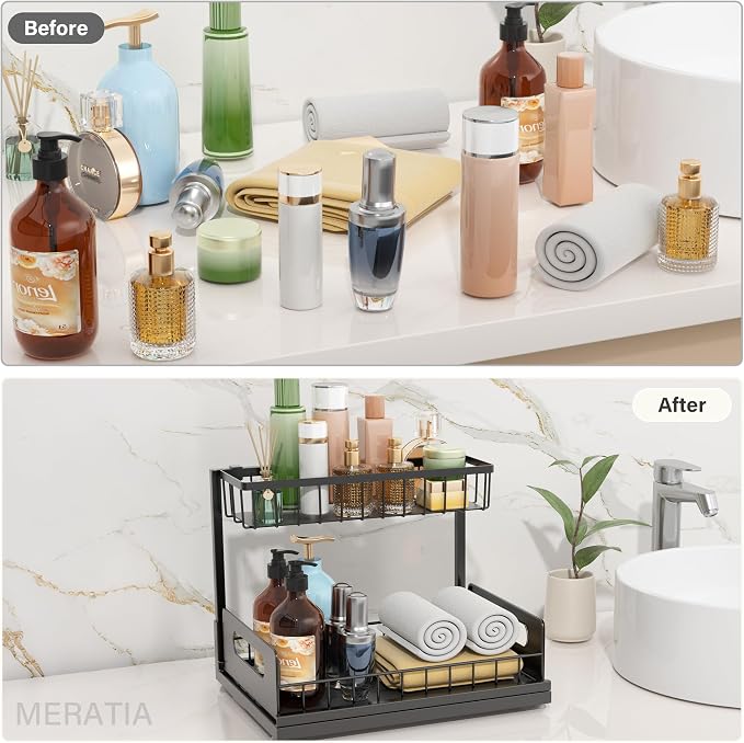 Under Sink Organizer, 2-Tier Pull-Out Metal Drawer, 2 Pack | Black metal 2-pack with lower pull-out drawers and fixed upper baskets for kitchen, bathroom and cabinet storage