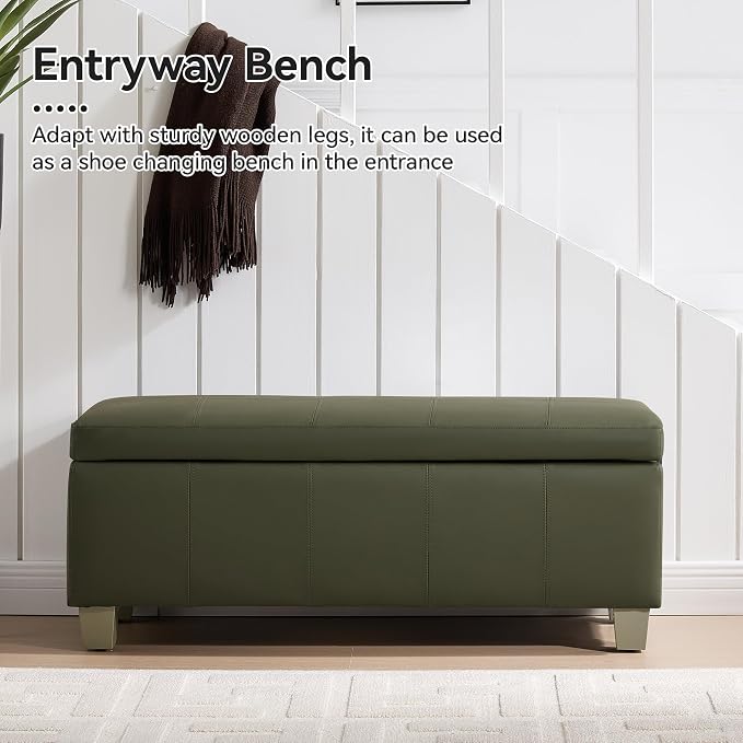 WUTUTUEE 41" Faux Leather Storage Ottoman, Stitch Tufted Rectangle Upholstered End of Bed Storage Bench, Entryway Large Couch Ottoman with Wooden Legs,Green