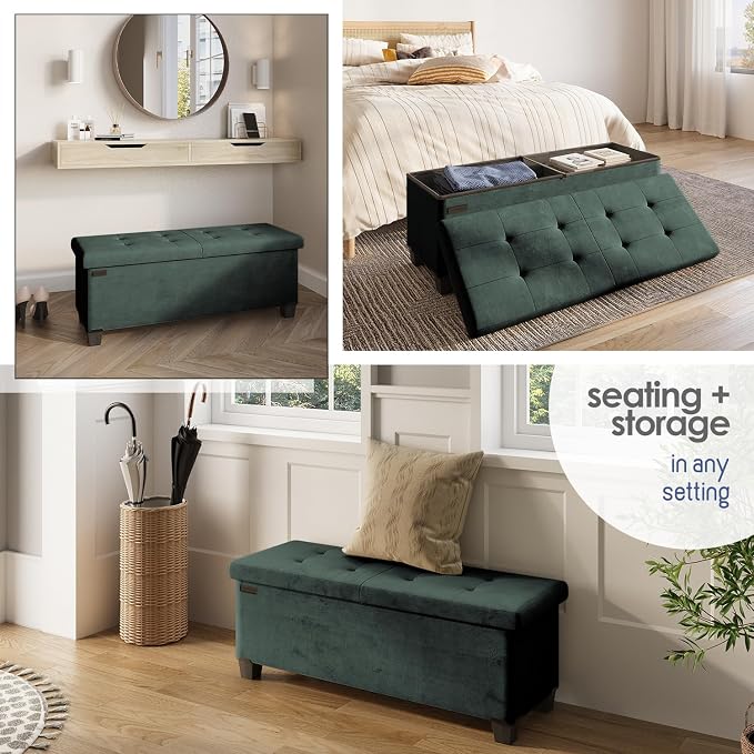 Storage Ottoman Bench with Bins, 43-in Storage Bench for Bedroom End of Bed, Folding Foot Rest Ottoman for Living Room Max 660lbs, Velvet Ottomans, Green
