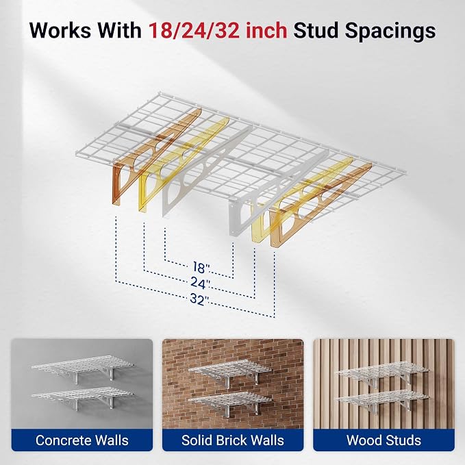 FLEXIMOUNTS 4-Pack 2x4ft Wall Shelf Garage Storage Rack Wall Mounted, White | 24-inch-by-48-inch Garage Floating Shelves, Total 1200lbs Capacity, Rustproof Seamless Grid Design, Classic Series