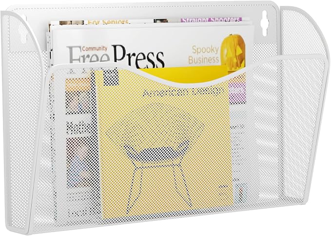 Single Pocket Wall File Holder, Mesh Hanging File Folder Paper Organizer, Vertical Wall Mounted Mail Basket, Storage Organization Magazine Rack for Office, Home and School, White
