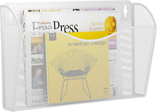 Single Pocket Wall File Holder, Mesh Hanging File Folder Paper Organizer, Vertical Wall Mounted Mail Basket, Storage Organization Magazine Rack for Office, Home and School, White