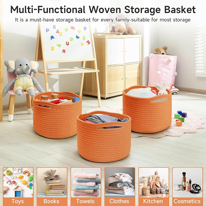 3 Pack Small Rope Storage Baskets, 9.82×9.82×7.1", Orange | Cotton Basket for Gifts Empty, Cute Round Woven Basket, Decorative Shelf Basket Organizer, Organizing Basket for Shelves