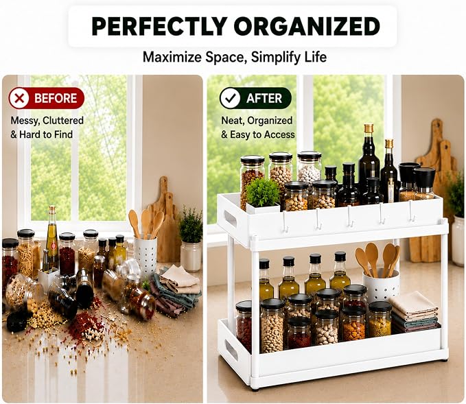 Expandable Under Sink Organizer_2 Tier Under Cabinet Organizer - Double Pull Out Shelf Under Sink Storage for Kitchen, Bathroom and Laundry Room - Multipurpose Space Saving Organizer (White)