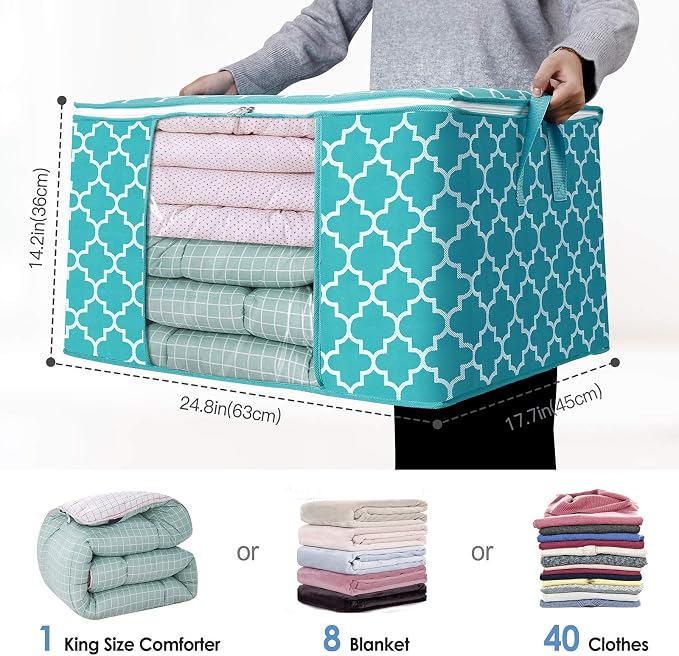 WISELIFE Storage Bags 100L 8-Pack Large Blanket Clothes Organization and Storage Containers for Bedding, Comforters, Foldable Organizer with Reinforced Handle, Clear Window, Sturdy Zippers,Green
