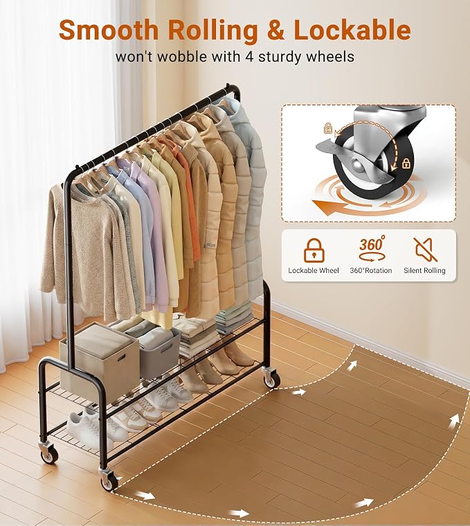 AOODA Heavy Duty Clothes Rack with Shelves, 46.5'' Metal Rolling Clothing Racks for Hanging Clothes, Wardrobe Garment Rack with Lockable Wheels for Coats, Shirts, Shoe Boxes (Black)