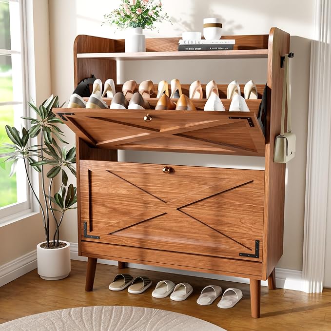YZ HOME Shoe Storage Cabinet with 2 Flip Drawers | Entryway Shoe Cabinet, Metal Hooks & Adjustable Shelves, Freestanding Narrow Shoe Rack for Hallway Foyer, Walnut