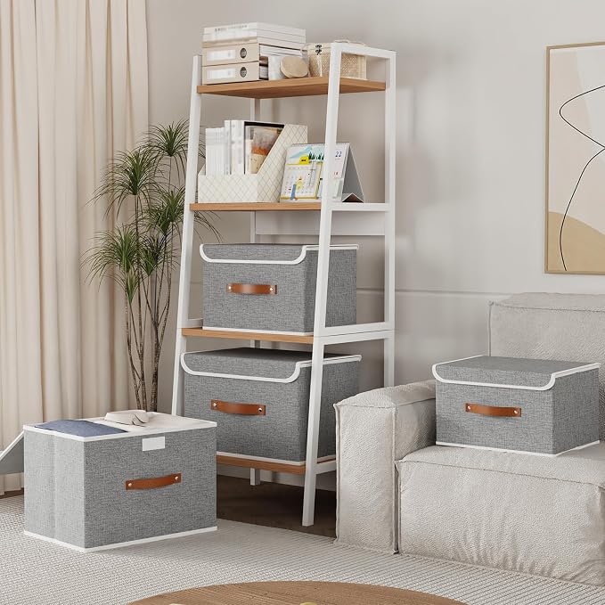 Yawinhe Fabric Storage Boxes with Lids,Grey,15.0x9.8x9.8in,5-Pack | Container with Leather Handle,Washable Storage Basket, Clothes Blanket Bin,Collapsible Closet Organizer for Bedroom