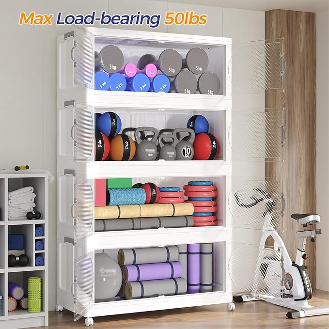 240QT Extra Large Stackable Storage Bins with Lid, 60Gal Plastic Closet Organizers and Storage Drawer, Collapsible Cabinet Box with Wheels Clear Doors for Home Kitchen Office, 4Pack White
