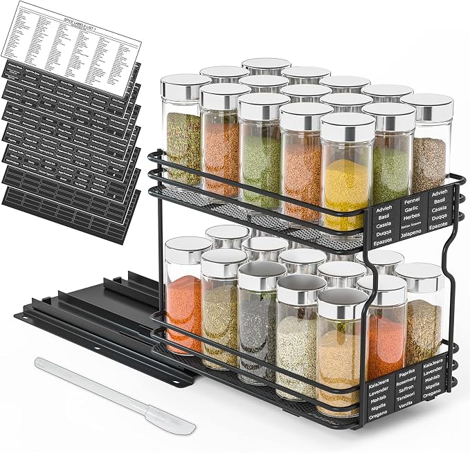 SpaceAid Pull Out Spice Rack Organizer for Cabinet, Heavy Duty Slide Out Seasoning Kitchen Organizer, Cabinet Organizer, with Labels and Chalk Marker, 6.5" W x10.75 D x8.5 H, 1 Drawer 2-Tier