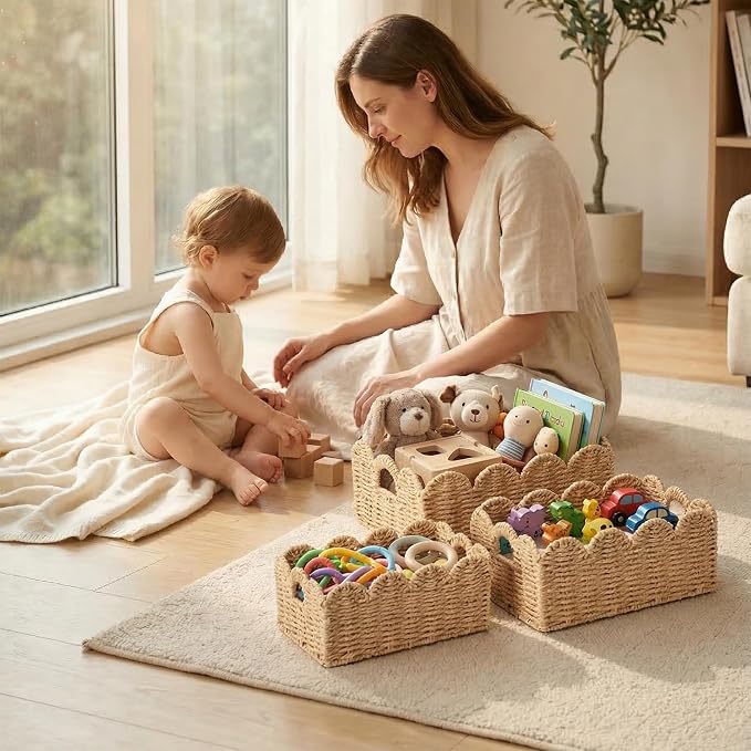 Scalloped Wicker Baskets Set of 3, Hand-Woven Storage with Handles | set of 3 beige scalloped baskets with handles. Hand-woven paper rope for shelves, bathroom or closet. Stackable, sturdy.