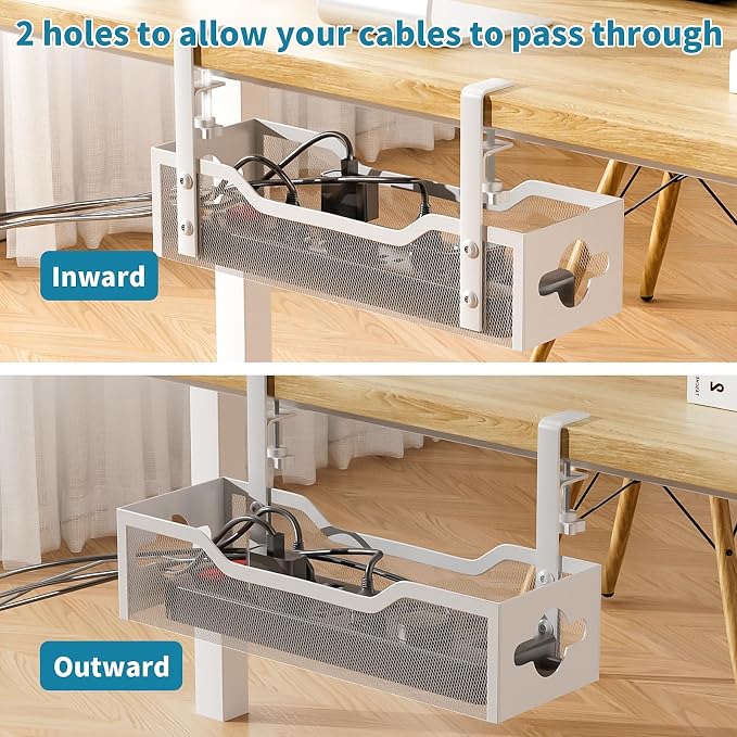 Under Desk Cable Management Tray 3 Pack, Cable Management Under Desk No Drill, Cable Organizer with Clamp for Wire Management, Cord Organizer for Office, Home - No Damage to Table (White)