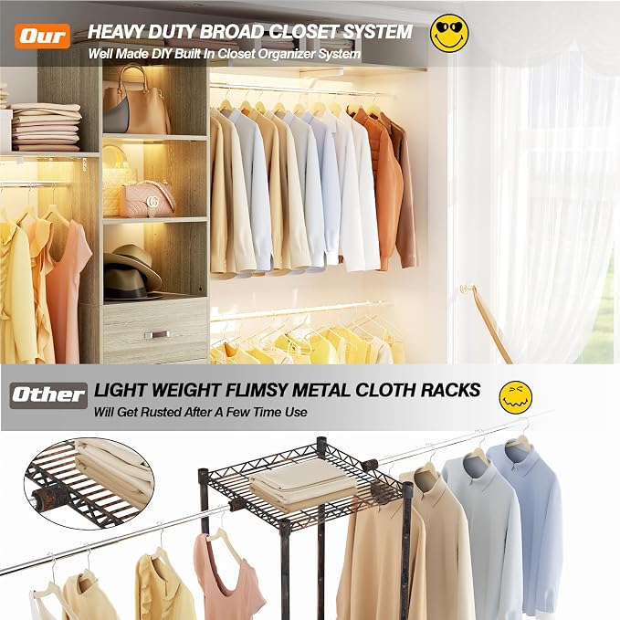 120 Inches Closet System, 10FT Walk In Closet Organizer with 2 Shelving Towers, Heavy Duty Clothes Rack with 3 Drawers, Built-In Garment Rack, 120" L x 16" W x 75" H, Load 1300 LBS, White Oak