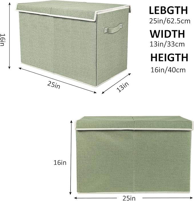 Large Toy Box Chest Storage with Lid, Collapsible Kids Toy Storage Box Bin | Toy Chest with Rivets Handles for Kids, Boys, Girls, Nursery, Playroom, Living Room, Bedroom, 25"x 13" x 16" (Linen Green)