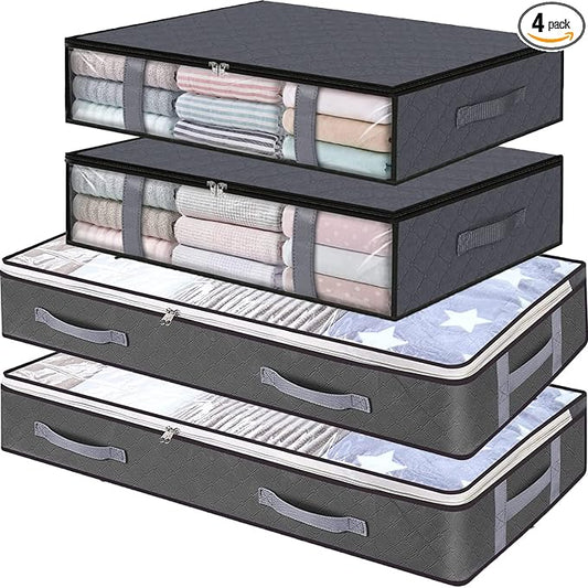 Under Bed Storage Containers, 4-Pack Large Capacity Underbed Storage Bags Organizer, Thick Fabric Storage Bins with Clear Window and Handles for Blanket, Comforter, Bedding, Clothes, Gray