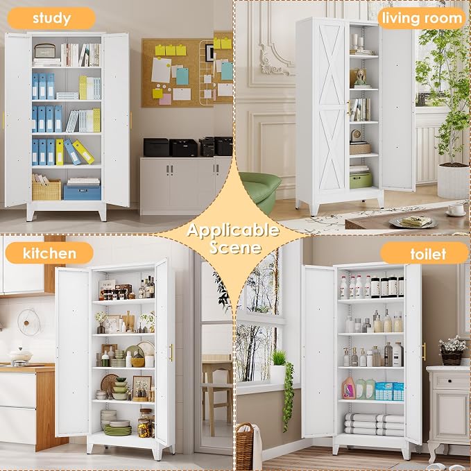 71" H Metal Kitchen Pantry Storage Cabinet, Freestanding Cupboard with 2 Doors and 4 Adjustable Shelves, Standing Storage for Kitchen, Bathroom, Garage, Dinning Room or Utility Room（White）