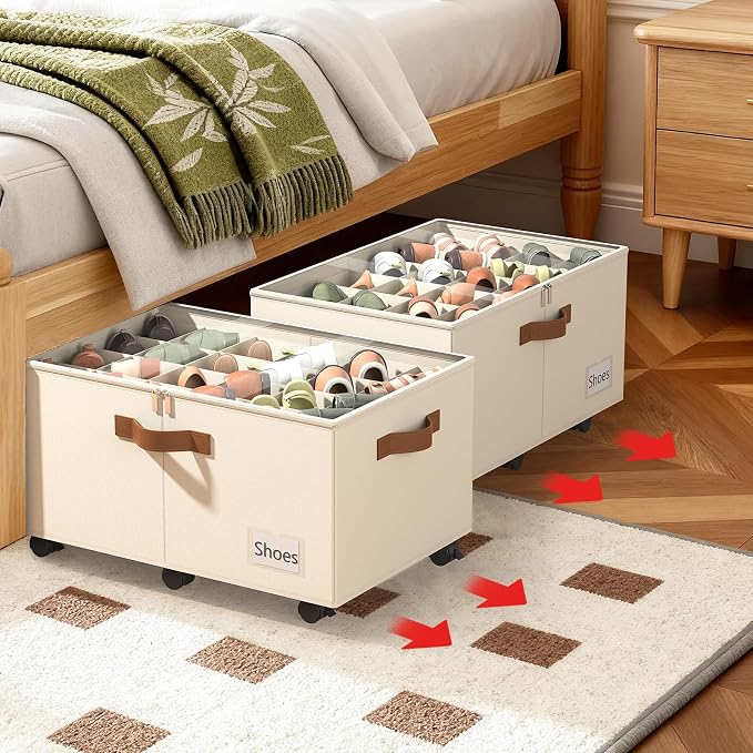 Foyego 2 Pack Shoe Organizer for Closet, Shoe Storage with Wheels, Beige | Fits 48 Pairs, with Adjustable Dividers and Clear Cover, Saving Space Foldable Fabric Closet Shoe Storage Organizer Box Bins