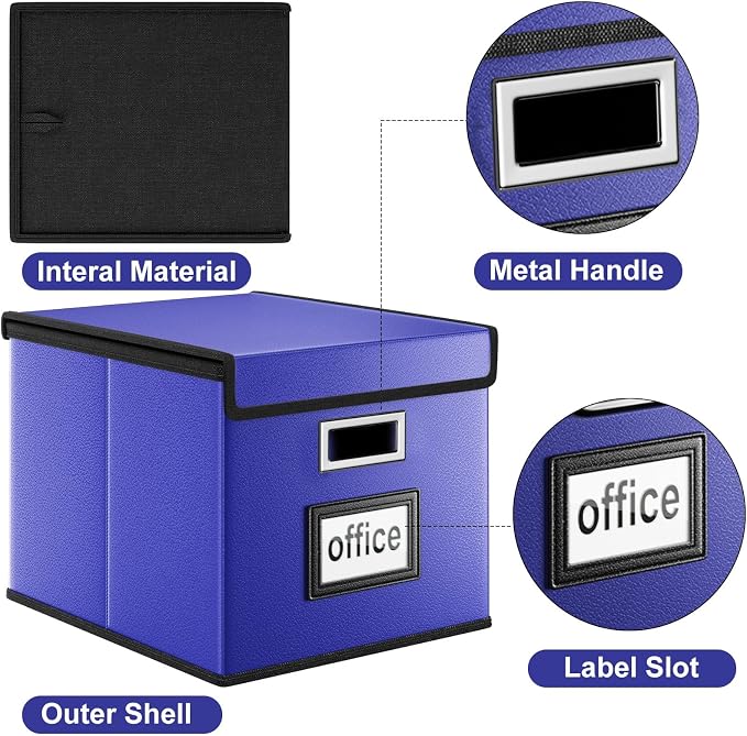 File Organizer Box with Lids, Collapsible File Folder Organizer | File Box with Plastic Slides for Document, Filing Bin for Letter Size Hanging File Folders (1 Pack, Navy Blue, Leather)