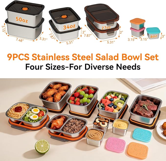 YUANYE 9 Pack 50/34/27/6oz Stainless Steel Salad Bowls with Lids & Dressing Cups, Leakproof Salad Containers Airtight Lunch Box, Small Snack Containers Oven/Dishwsher Safe for Meal Prep & Lunch To Go