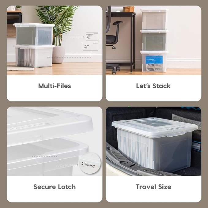IRIS USA File Box, Plastic File Organizer with Lids for Letter/Legal File, Portable Document Box For Moving, Storage Bin with Durable and Secure Lid, Stackable Nestable BPA-Free, Clear 35 Qt. 4 Pack | Portable Moving Box, Stackable and Secure Storage, ...