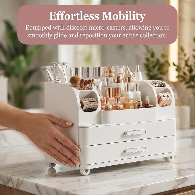 Large Makeup Organizer for Vanity - Perfume Cosmetic Display Cases | Skincare Organizers with 2 Drawers for Bathroom Dresser, Easy to Store Brush Eyeshadow Lipstick Beauty Supplies, All White