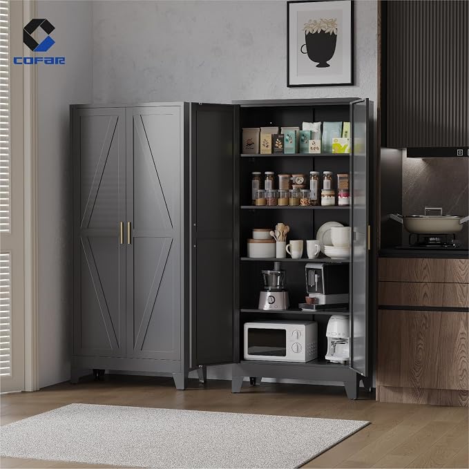 COFaR Metal Pantry Cabinet with Doors, Farmhouse 71'' Tall Storage Cabinet with 4 Adjustable Shelves, Kitchen Pantry Cabinet for Dinning Room, Garage, Laundry, Bathroom, Black 5-Tier