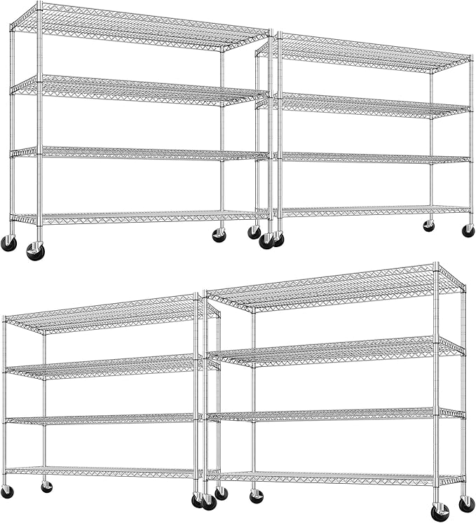 REIBII 55.5''W Storage Shelves 2500LBS Wire Shelving Unit with Wheels Heavy Duty Metal Shelves for Storage Adjustable Garage Storage Rack Pantry Shelf Kitchen Shelving, 75.6" H X 55.5''W X 24" D, 4PCS