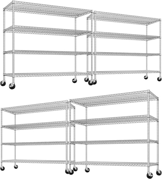 REIBII 55.5''W Storage Shelves 2500LBS Wire Shelving Unit with Wheels Heavy Duty Metal Shelves for Storage Adjustable Garage Storage Rack Pantry Shelf Kitchen Shelving, 75.6" H X 55.5''W X 24" D, 4PCS