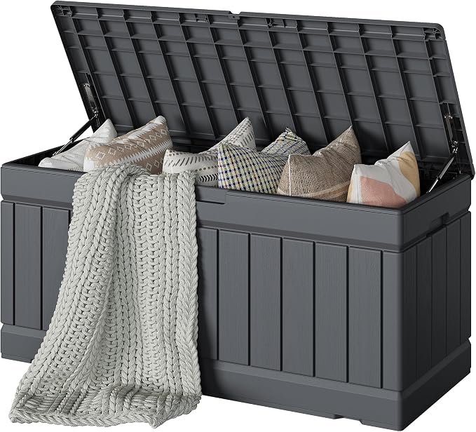 Devoko 78 Gallon Deck Box, Waterproof Resin Outdoor Storage Box | Outdoor Storage Bench Lockable for Outside and Patio Furniture, Garden Tools and Pool Supplies