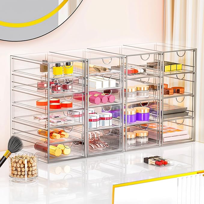 YFXCVSL 6-Pack Acrylic 31-Drawer Storage & Makeup Organizer for Desk | Smooth-glide drawers, clear acrylic, stackable, dustproof, wipe-clean, for makeup palettes, lipsticks, blushes, cotton pads