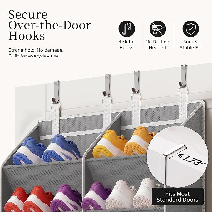 Over the Door Shoe Organizer, 20-30 Pairs Heavy-Duty Hanging Shoe Storage with Large Pockets, 10-Tier Door Shoe Rack with 4 Hooks for Sneakers Sandals Heels Boots (Gray)