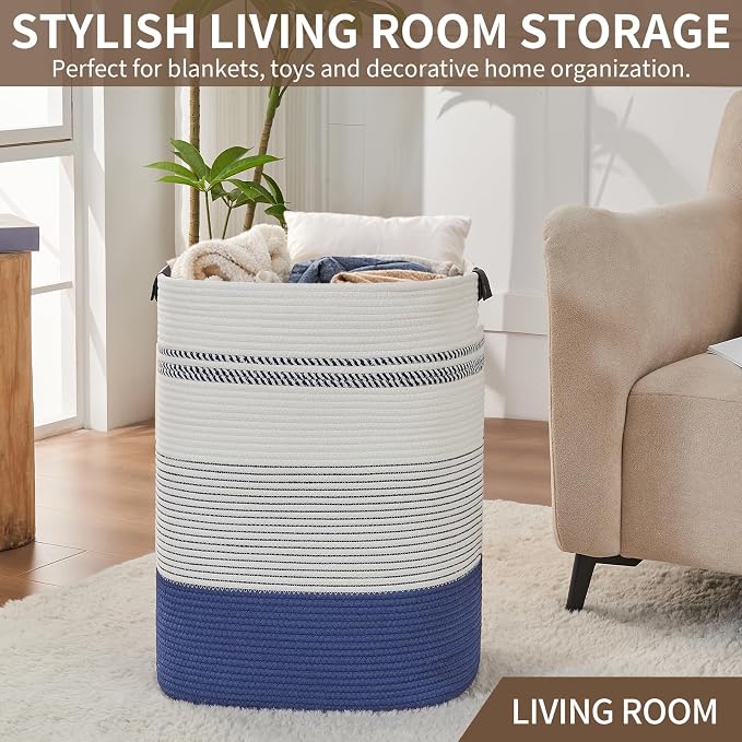 AINUOQI Large Laundry Basket - Tall Woven Rope Laundry Hamper with Leather Handles - Dirty Clothes hamper for Living room, Bedroom, 17" X 13.8" X 22", Dark Blue & White