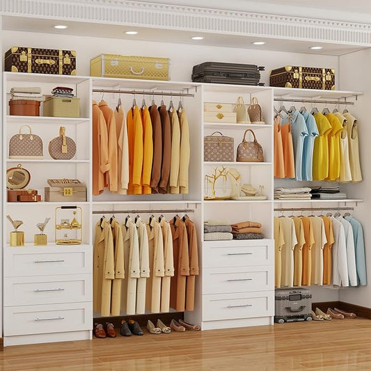 Closet System with 6 Drawers, 6-12.3FT Closet Organizer System Wood with 8 Shelves & 6 Expandable Hanging Rods, Closet Systems Kit for Walk in Closets, Modular Closet Organizer Systems, 2 Sets,White
