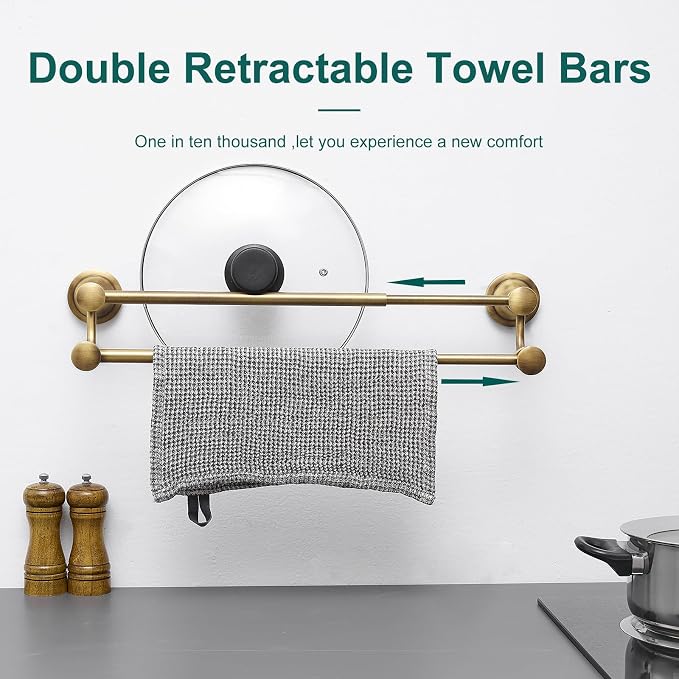 Hoimpro Adjustable Retractable 15-27 Inches Stainless Steel Bathroom Towel Bar, Bathroom Accessories Bath Hotel Double Towel Bar Rod Hanger Wall Mounted Towel Holder Towel Rack, Antique Brass