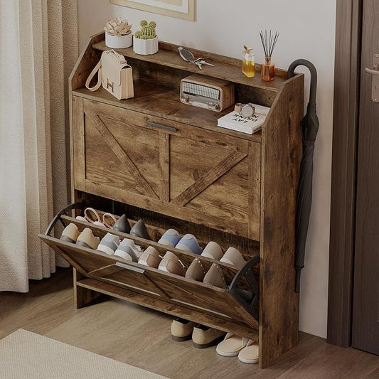 Farmhouse Shoe Cabinet with 2 Flip Drawers, Shoes Storage Cabinet, Freestanding Shoe Rack Organizer for Entryway, Rustic Brown