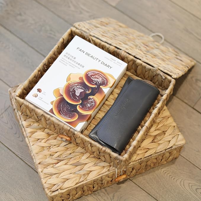 Wicker Storage Basket with Lid, Flat Water Hyacinth Baskets, Shallow Woven Basket for Shlef, Decorative Storage Boxes for Organizing