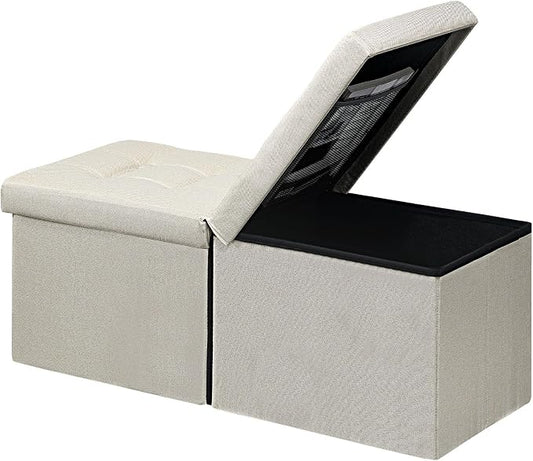 AmasSmile Footrest Ottoman Storage Bench, 34" Linen Folding Stool, Beige | Large Ottoman with Storage, Thicker Foam Padded Seat, Livingroom, Dorm, Bedroom, Entryway, Easy to install,34 x 13 x 13in