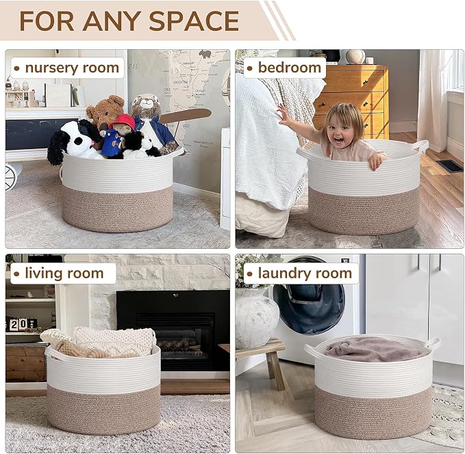 INDRESSME Large Woven Rope Blanket Basket Living Room Brown, 65L | 19.7" x 12.6" Storage baskets for laundry, toys & pillows. For living room, bedroom or nursery decor. soft-touch, gift basket