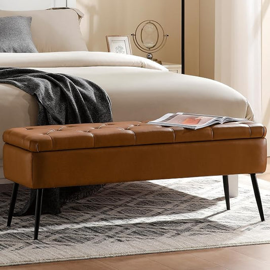 kinmars Leather Storage Ottoman Bench, End of Bed Bench with Steel Legs | Brown Leather Button Tufted Design | 660 lb Capacity | Safety Hinges | Mid-Century Modern Style | Bedroom & Entryway