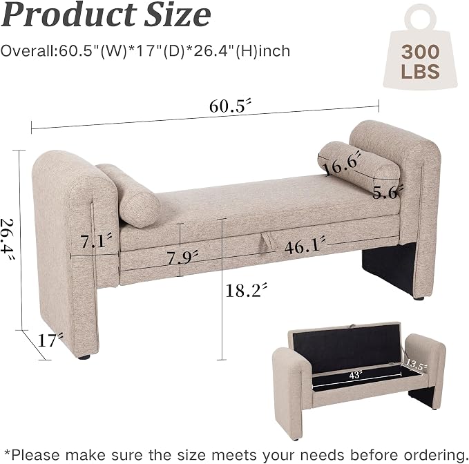 65" Velvet Button Tufted Storage Ottoman Bench Wood Legs Bedroom (Oatmeal)