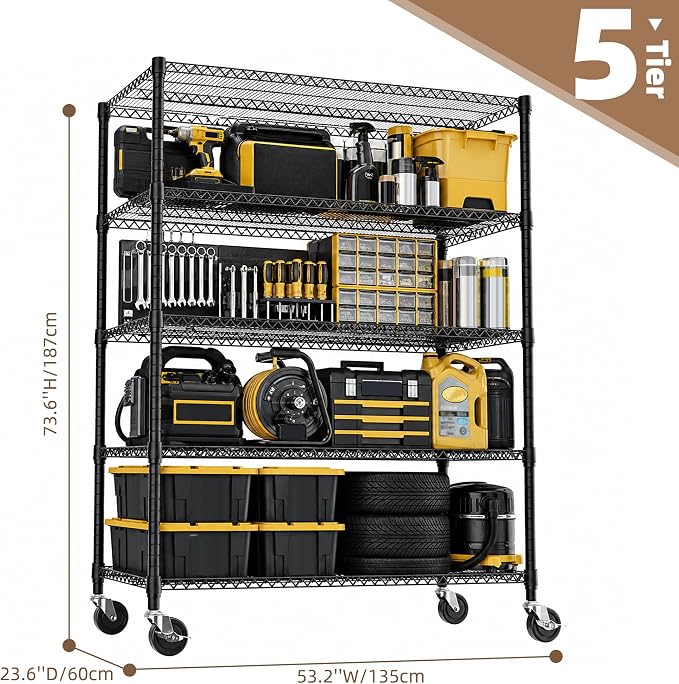 M MZG 5-Shelf Heavy Duty Garage Shelving Wire Adjustable Storage Rack for Kitchen Laundry Bathroom Pantry 3300 lbs Capacity Black 23.6 x 53.2 x 73.6 Inch