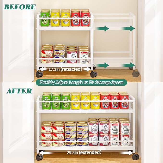 2 Pack 2-Tier Expandable Rolling Pantry Cart with Wheels, Adjustable Floor Organizer for Kitchen Pantry, Can Organizer for Pantry, Storage Cart for Snack, Food, Vegetables, White, Patent Pending
