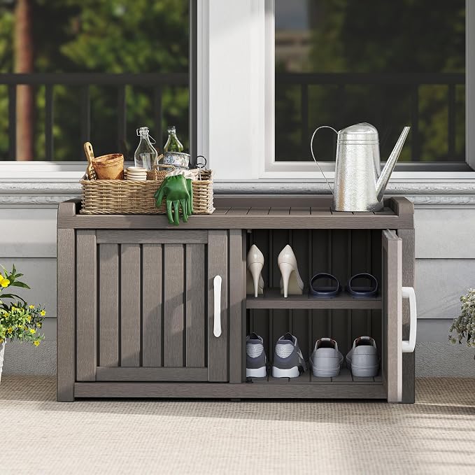 NUNU LAB Shoe Cabinet, Waterproof UV-Resistant Outdoor/Indoor Shoe Storage Cabinet with Adjustable Shelves, Shoe Organizer Bench with 2 Barn Doors for Foyer, Hallway, Living Room, Black