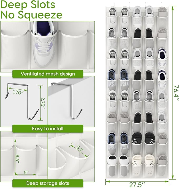 Over the Door Shoe Organizer with 40 Large Breathable Mesh Pockets, Space Saving Shoe Holder, Hanging Shoe Rack for Entryway Bedroom Closet Storage (White, 40 Pockets)