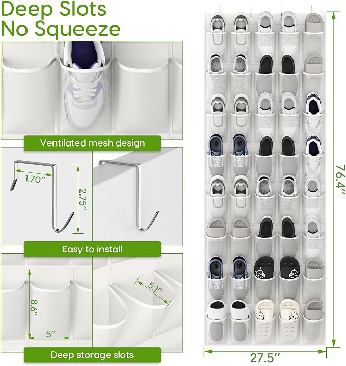 Over the Door Shoe Organizer with 40 Large Breathable Mesh Pockets, Space Saving Shoe Holder, Hanging Shoe Rack for Entryway Bedroom Closet Storage (White, 80 Pockets)
